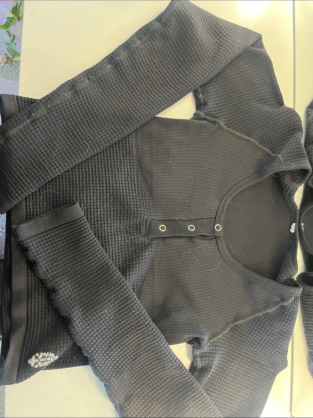 Free People Black Long Sleeve Waffle Henley Top
